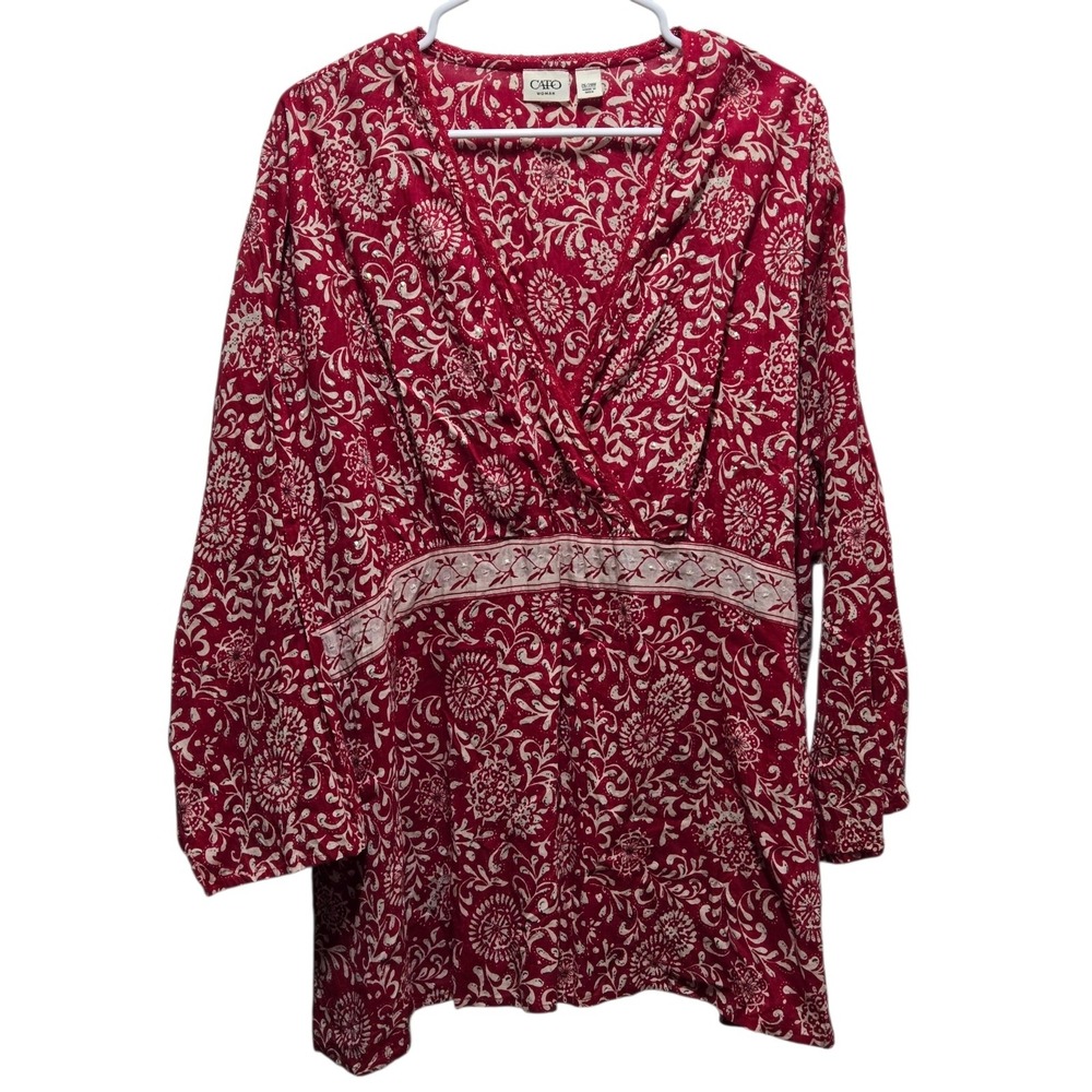 Cato Woman Red Floral Sequin Cotton Tunic Blouse Plus Size 26/28W Boho V-Neck